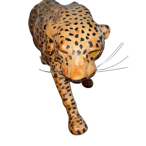 Vintage Leather Wrapped Paper Mache Leopard Green Eyes Teeth Whiskers - Picture 3 of 11
